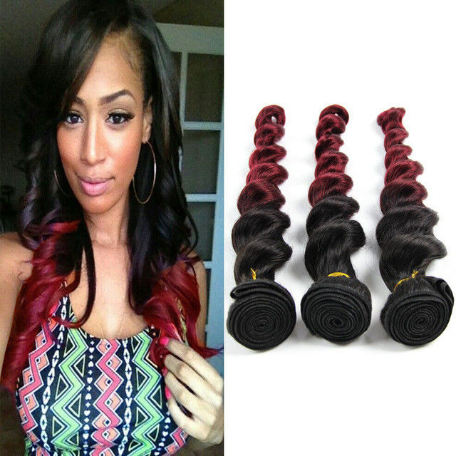Natural Red Ombre Human Hair Extensions 1B / 99J Loose Wave Hair 10&quot;-30&quot;