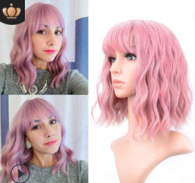 Chemical Fiber Ombre Human Hair Extensions Curly Waves Short Pink