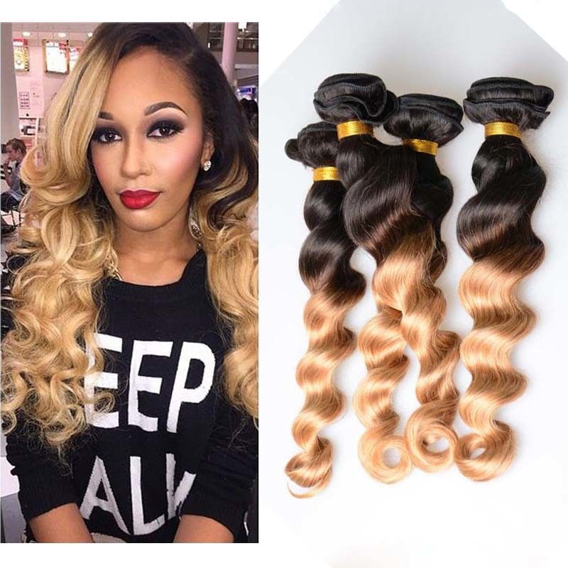 10&quot; - 26&quot; Brazilian Ombre Remy Human Hair Extensions Loose Wave 1B / 27 Blonde Hair